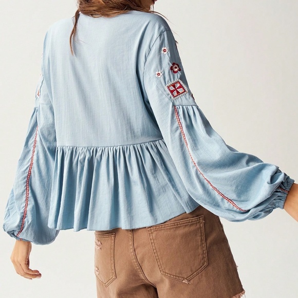 Boho Floral Embroidered V neck Embroidered Balloon Sleeve Blouse - Picture 5 of 7